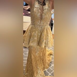 Terani Couture Gold High-Low Ruffled Gown